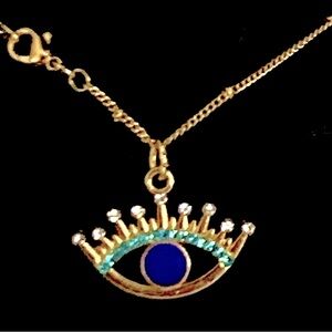 Evil Eye Blue Enamel, Crystal, & Gold Necklace